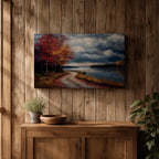 A framed canvas painting depicting an autumn landscape with a winding path along a riverbank, bordered by trees with vibrant fall foliage. The scene captures a moody sky with clouds, rendered in a vintage style emphasizing texture and rich colors.