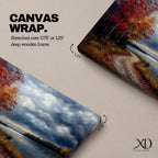 A framed canvas painting depicting an autumn landscape with a winding path along a riverbank, bordered by trees with vibrant fall foliage. The scene captures a moody sky with clouds, rendered in a vintage style emphasizing texture and rich colors.