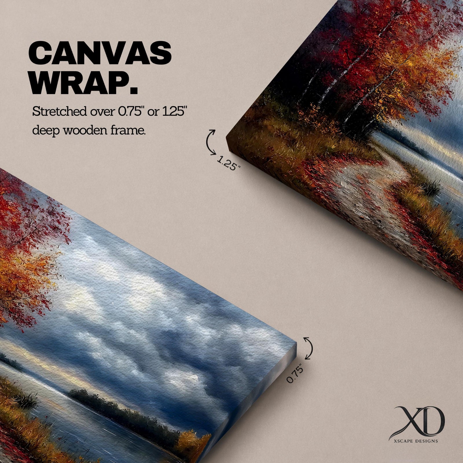A framed canvas painting depicting an autumn landscape with a winding path along a riverbank, bordered by trees with vibrant fall foliage. The scene captures a moody sky with clouds, rendered in a vintage style emphasizing texture and rich colors.