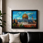 Impasto style painting of Masjid Al Aqsa complex in Jerusalem featuring the Dome of the Rock with its golden dome rising above the Temple Mount and surrounding Al Quds skyline, rendered with expressive brush strokes across a vivid blue sky and detailed mosque architecture within the historic city landscape.