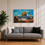 Impasto style painting of Masjid Al Aqsa complex in Jerusalem featuring the Dome of the Rock with its golden dome rising above the Temple Mount and surrounding Al Quds skyline, rendered with expressive brush strokes across a vivid blue sky and detailed mosque architecture within the historic city landscape.