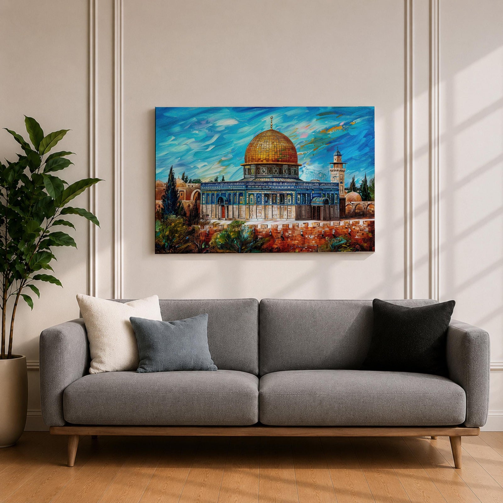 Impasto style painting of Masjid Al Aqsa complex in Jerusalem featuring the Dome of the Rock with its golden dome rising above the Temple Mount and surrounding Al Quds skyline, rendered with expressive brush strokes across a vivid blue sky and detailed mosque architecture within the historic city landscape.