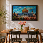 Impasto style painting of Masjid Al Aqsa complex in Jerusalem featuring the Dome of the Rock with its golden dome rising above the Temple Mount and surrounding Al Quds skyline, rendered with expressive brush strokes across a vivid blue sky and detailed mosque architecture within the historic city landscape.