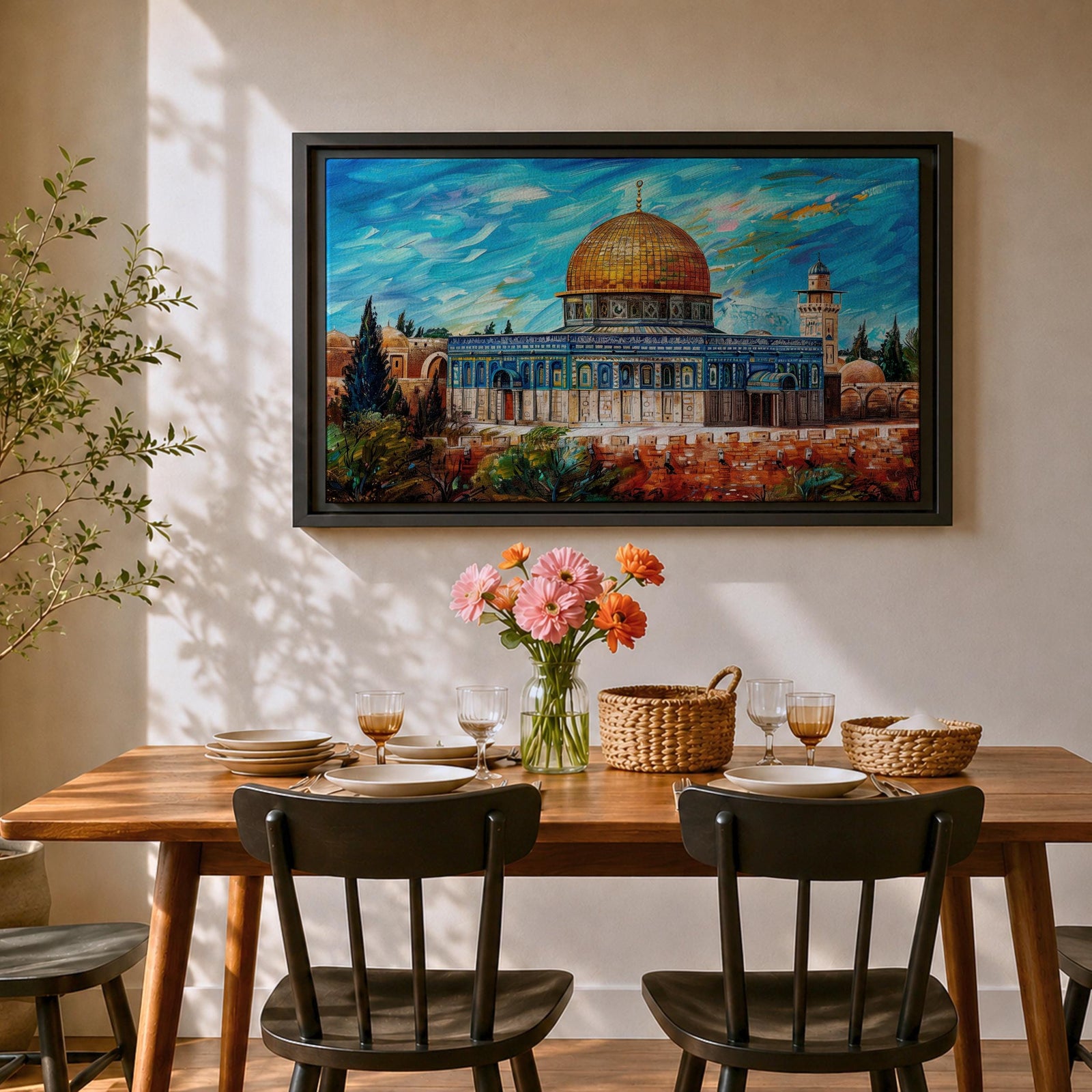 Impasto style painting of Masjid Al Aqsa complex in Jerusalem featuring the Dome of the Rock with its golden dome rising above the Temple Mount and surrounding Al Quds skyline, rendered with expressive brush strokes across a vivid blue sky and detailed mosque architecture within the historic city landscape.