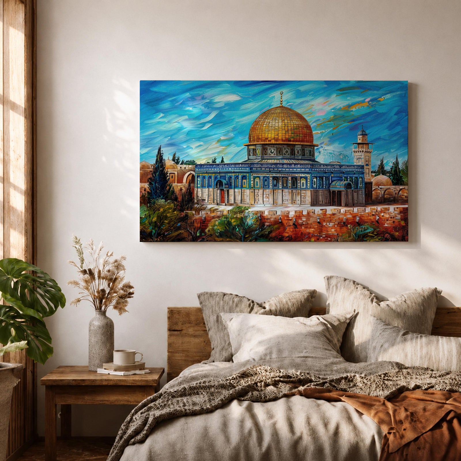 Impasto style painting of Masjid Al Aqsa complex in Jerusalem featuring the Dome of the Rock with its golden dome rising above the Temple Mount and surrounding Al Quds skyline, rendered with expressive brush strokes across a vivid blue sky and detailed mosque architecture within the historic city landscape.