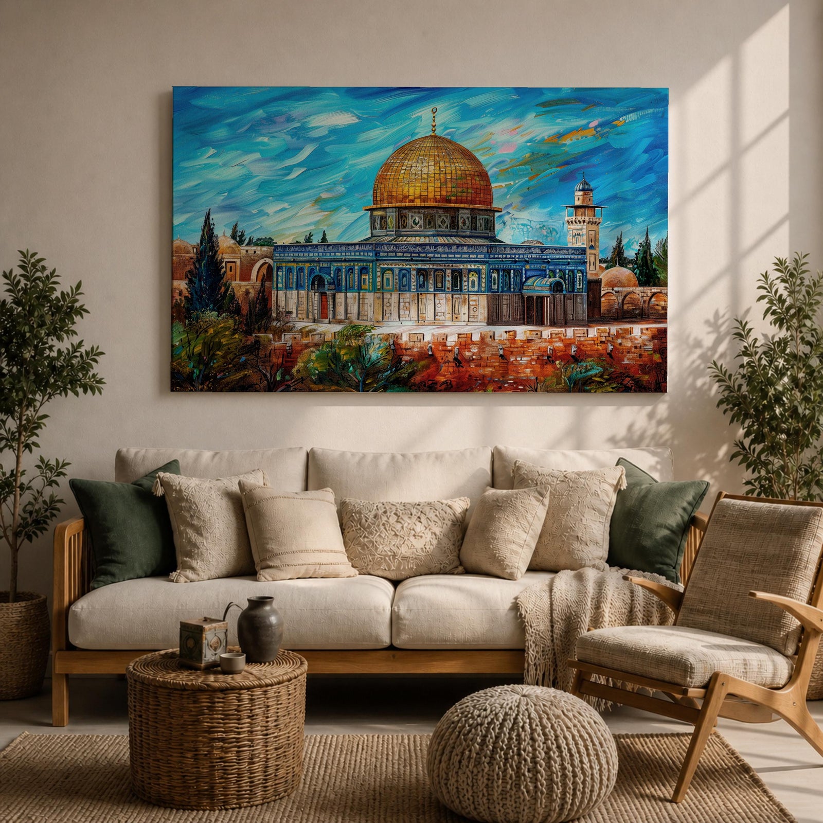 Impasto style painting of Masjid Al Aqsa complex in Jerusalem featuring the Dome of the Rock with its golden dome rising above the Temple Mount and surrounding Al Quds skyline, rendered with expressive brush strokes across a vivid blue sky and detailed mosque architecture within the historic city landscape.