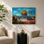 Impasto style painting of Masjid Al Aqsa complex in Jerusalem featuring the Dome of the Rock with its golden dome rising above the Temple Mount and surrounding Al Quds skyline, rendered with expressive brush strokes across a vivid blue sky and detailed mosque architecture within the historic city landscape.