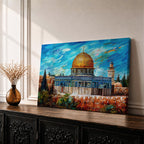 Impasto style painting of Masjid Al Aqsa complex in Jerusalem featuring the Dome of the Rock with its golden dome rising above the Temple Mount and surrounding Al Quds skyline, rendered with expressive brush strokes across a vivid blue sky and detailed mosque architecture within the historic city landscape.