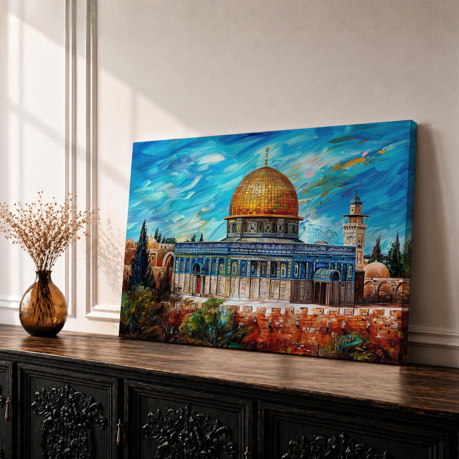 Impasto style painting of Masjid Al Aqsa complex in Jerusalem featuring the Dome of the Rock with its golden dome rising above the Temple Mount and surrounding Al Quds skyline, rendered with expressive brush strokes across a vivid blue sky and detailed mosque architecture within the historic city landscape.