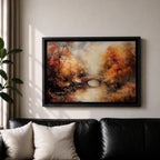 An oil painting of an autumn landscape featuring a stone arch bridge over a calm river surrounded by vibrant fall foliage in warm tones. The vintage style uses textured brushstrokes to create depth and atmosphere, capturing the serene beauty of a rustic woodland scene in autumn.