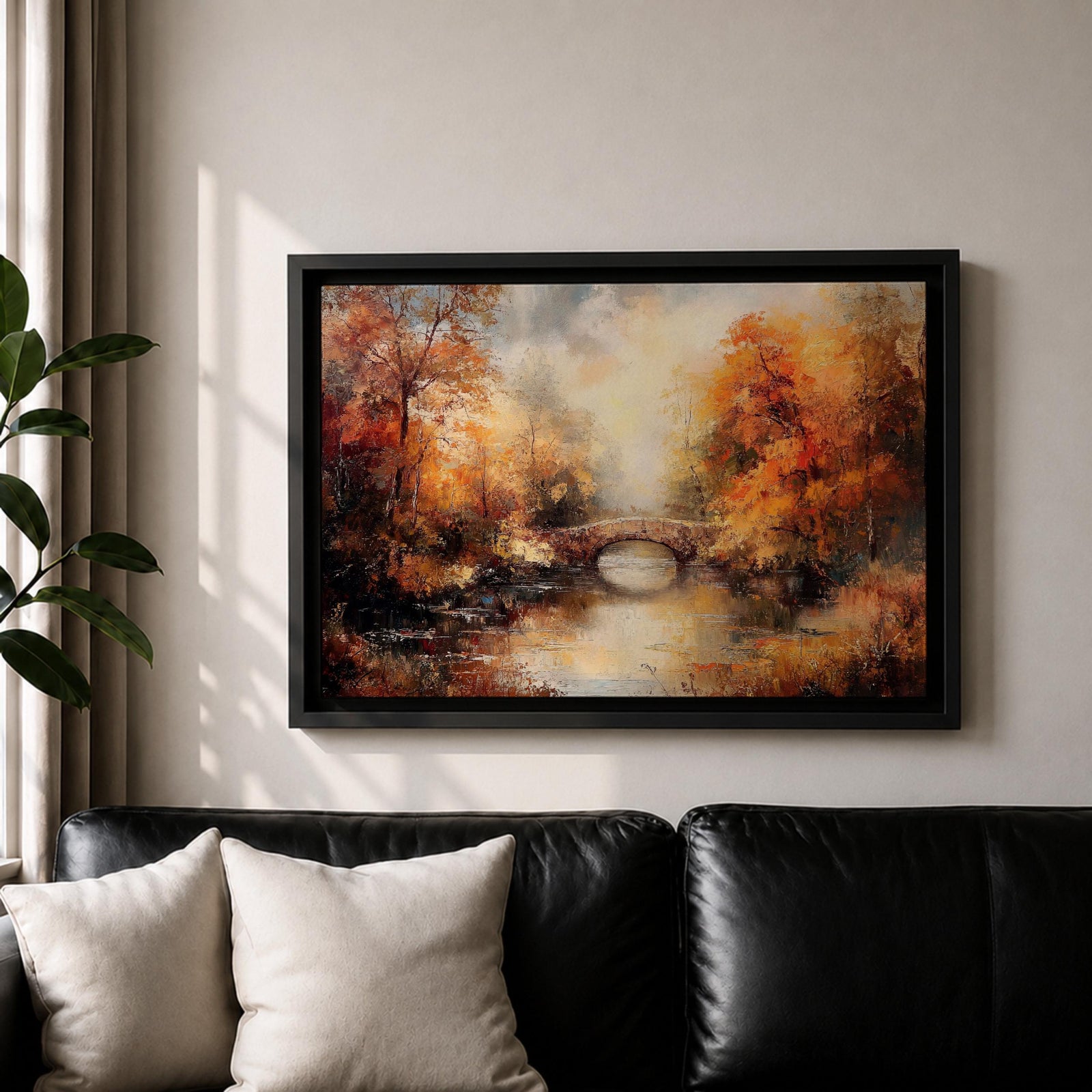An oil painting of an autumn landscape featuring a stone arch bridge over a calm river surrounded by vibrant fall foliage in warm tones. The vintage style uses textured brushstrokes to create depth and atmosphere, capturing the serene beauty of a rustic woodland scene in autumn.