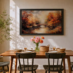 An oil painting of an autumn landscape featuring a stone arch bridge over a calm river surrounded by vibrant fall foliage in warm tones. The vintage style uses textured brushstrokes to create depth and atmosphere, capturing the serene beauty of a rustic woodland scene in autumn.