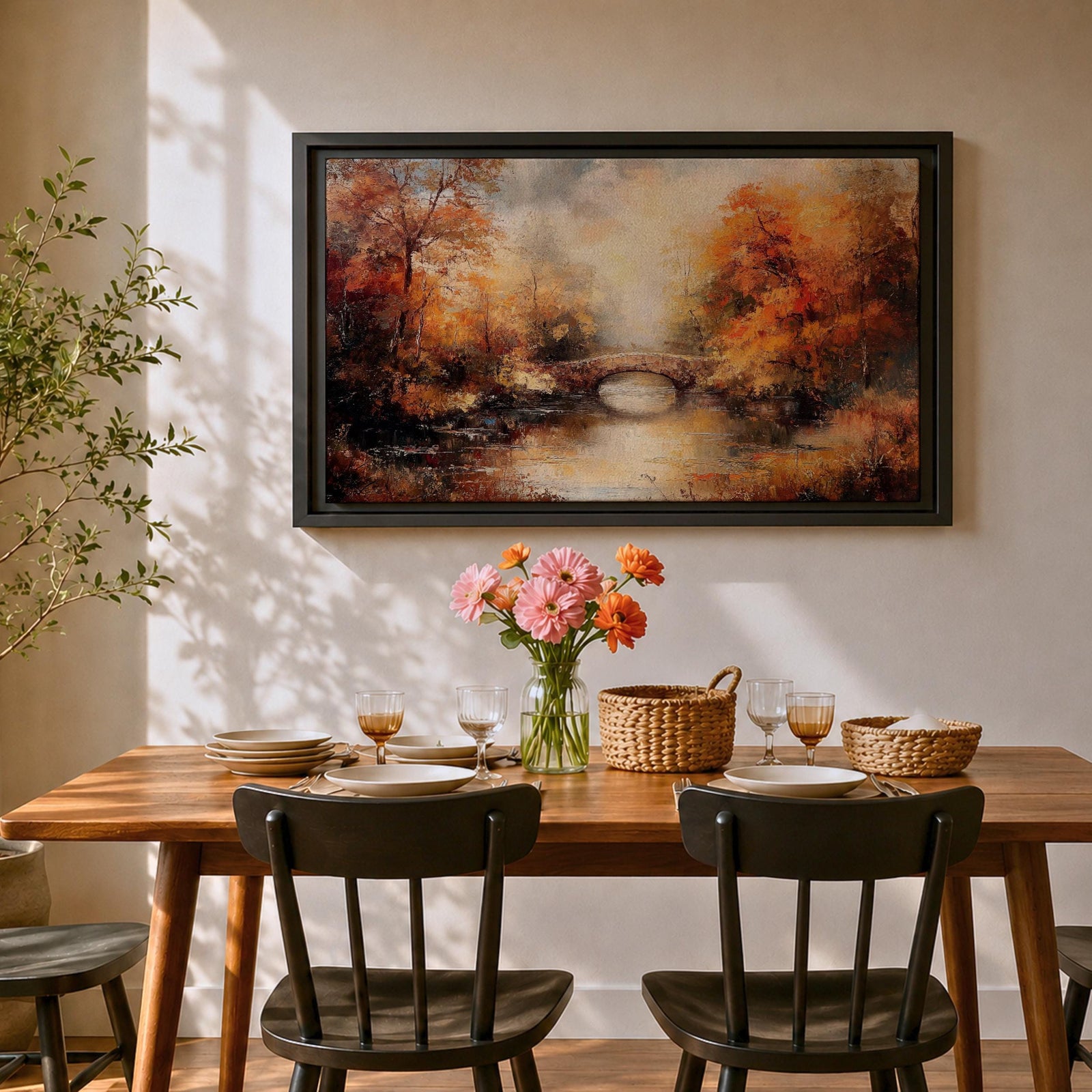 An oil painting of an autumn landscape featuring a stone arch bridge over a calm river surrounded by vibrant fall foliage in warm tones. The vintage style uses textured brushstrokes to create depth and atmosphere, capturing the serene beauty of a rustic woodland scene in autumn.