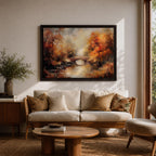 An oil painting of an autumn landscape featuring a stone arch bridge over a calm river surrounded by vibrant fall foliage in warm tones. The vintage style uses textured brushstrokes to create depth and atmosphere, capturing the serene beauty of a rustic woodland scene in autumn.