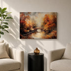 An oil painting of an autumn landscape featuring a stone arch bridge over a calm river surrounded by vibrant fall foliage in warm tones. The vintage style uses textured brushstrokes to create depth and atmosphere, capturing the serene beauty of a rustic woodland scene in autumn.