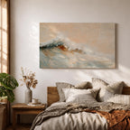 A framed canvas painting depicting a dynamic ocean wave crashing with textured brushstrokes, capturing the natural movement and energy of the sea in a realistic seascape style. The artwork emphasizes the fluidity and power of coastal waters with soft blending and detailed wave crests.