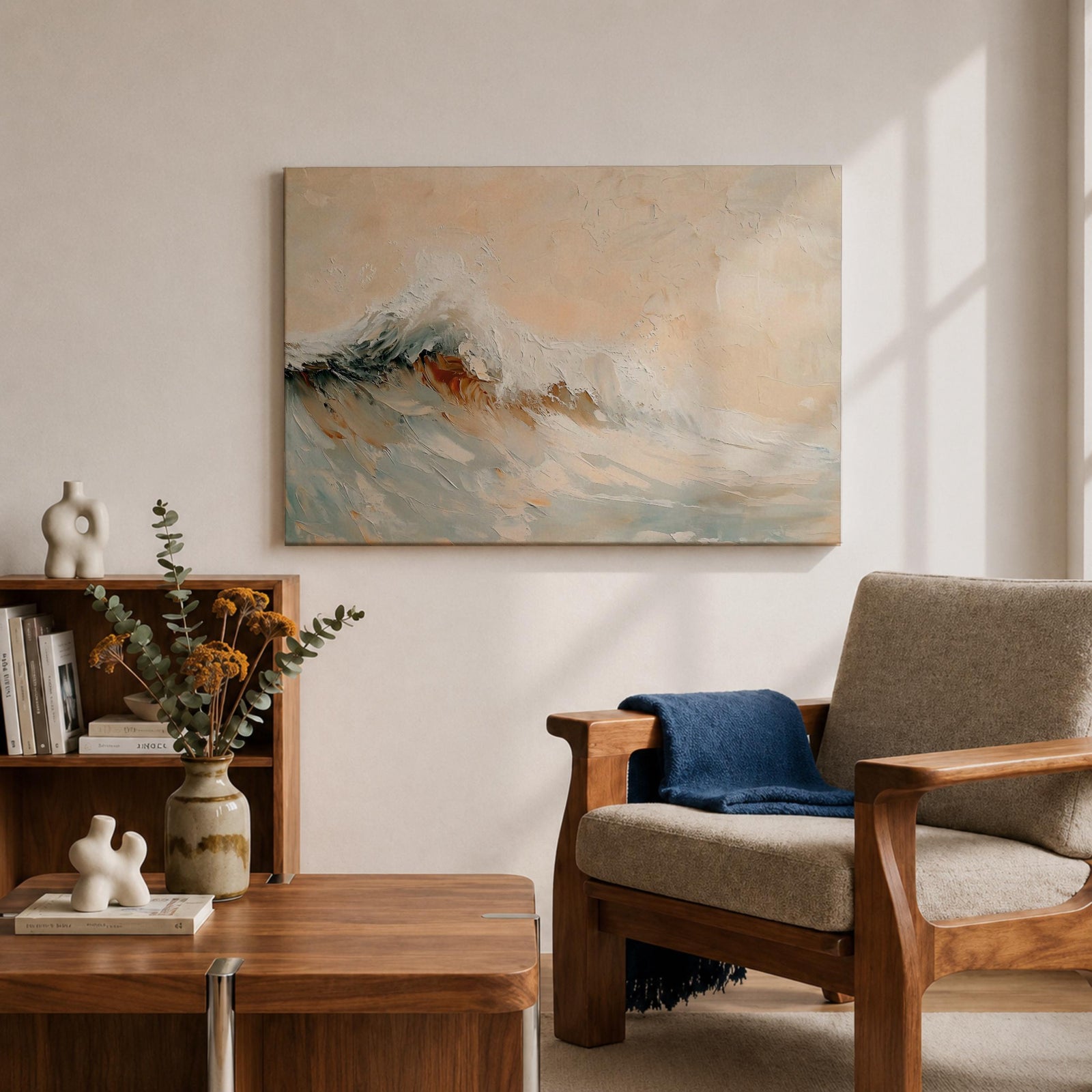 A framed canvas painting depicting a dynamic ocean wave crashing with textured brushstrokes, capturing the natural movement and energy of the sea in a realistic seascape style. The artwork emphasizes the fluidity and power of coastal waters with soft blending and detailed wave crests.