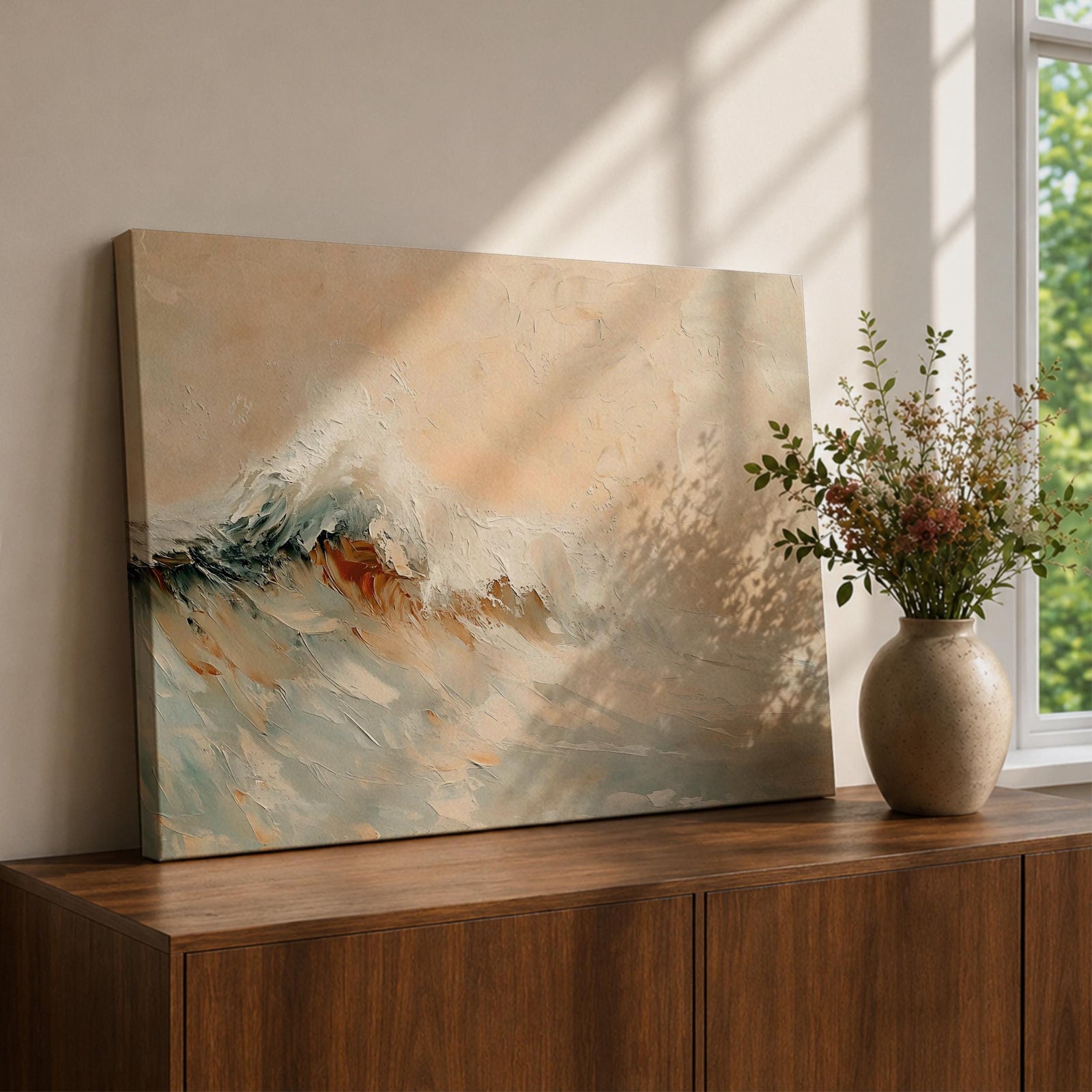 A framed canvas painting depicting a dynamic ocean wave crashing with textured brushstrokes, capturing the natural movement and energy of the sea in a realistic seascape style. The artwork emphasizes the fluidity and power of coastal waters with soft blending and detailed wave crests.