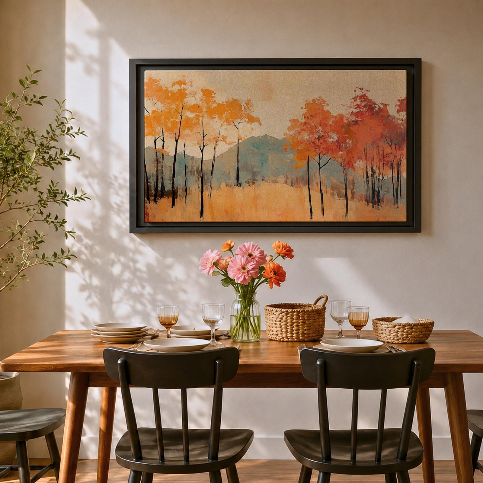 A framed abstract painting of an autumn forest landscape featuring tall slender trees with orange and red foliage and a muted mountain backdrop. The composition uses textured brush strokes to create a modern impression of fall trees in a natural setting.