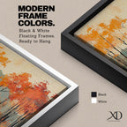 A framed abstract painting of an autumn forest landscape featuring tall slender trees with orange and red foliage and a muted mountain backdrop. The composition uses textured brush strokes to create a modern impression of fall trees in a natural setting.