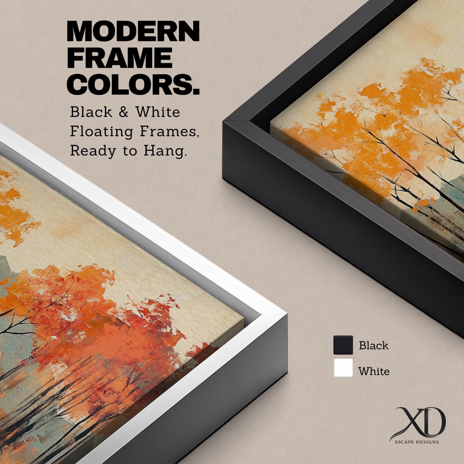 A framed abstract painting of an autumn forest landscape featuring tall slender trees with orange and red foliage and a muted mountain backdrop. The composition uses textured brush strokes to create a modern impression of fall trees in a natural setting.