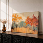 A framed abstract painting of an autumn forest landscape featuring tall slender trees with orange and red foliage and a muted mountain backdrop. The composition uses textured brush strokes to create a modern impression of fall trees in a natural setting.