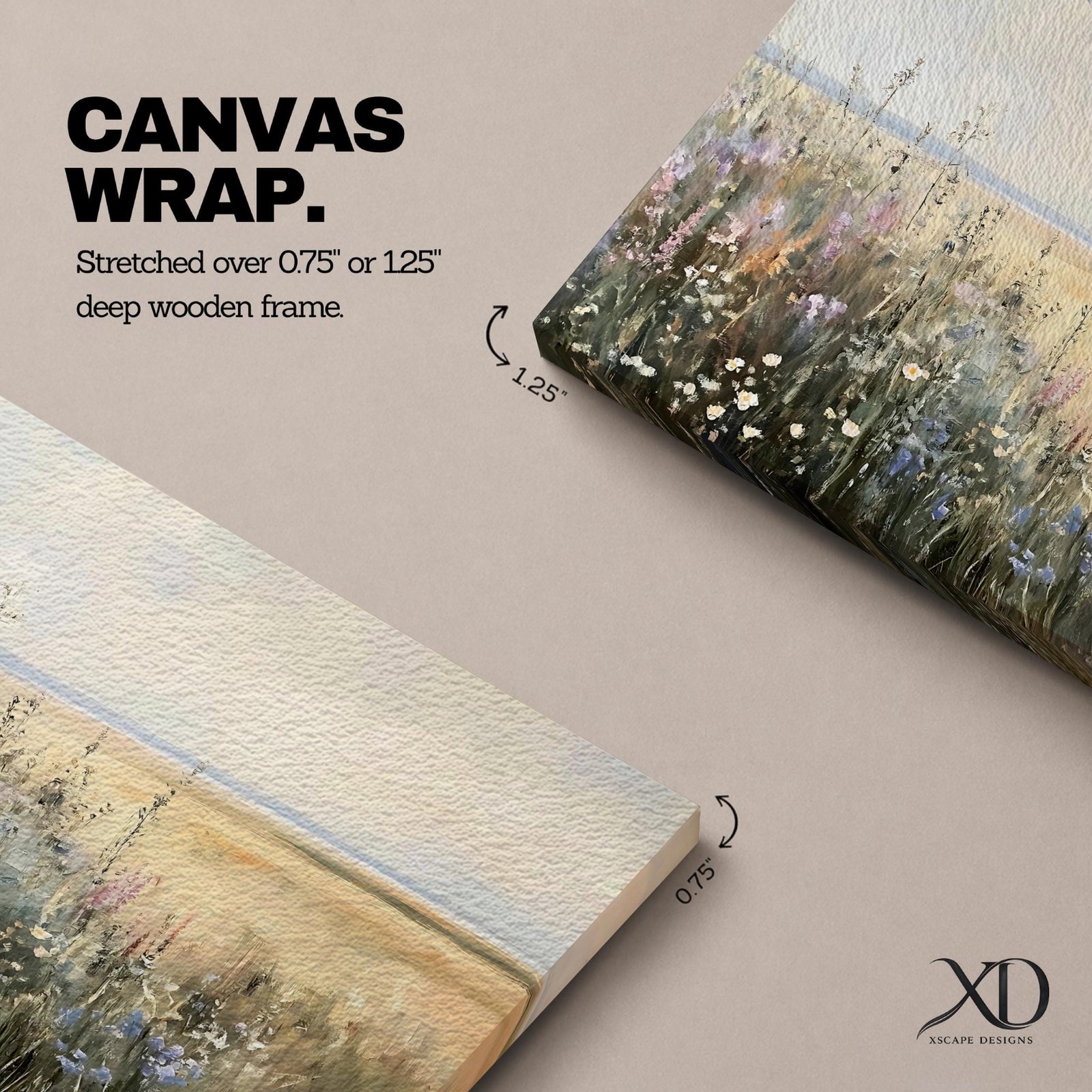 A vintage-style oil painting print depicting a wildflower meadow with various delicate flowers and grasses in soft, neutral tones. The artwork captures the natural beauty of field plants with textured brushstrokes and an impressionistic style, framed in a warm wooden frame.