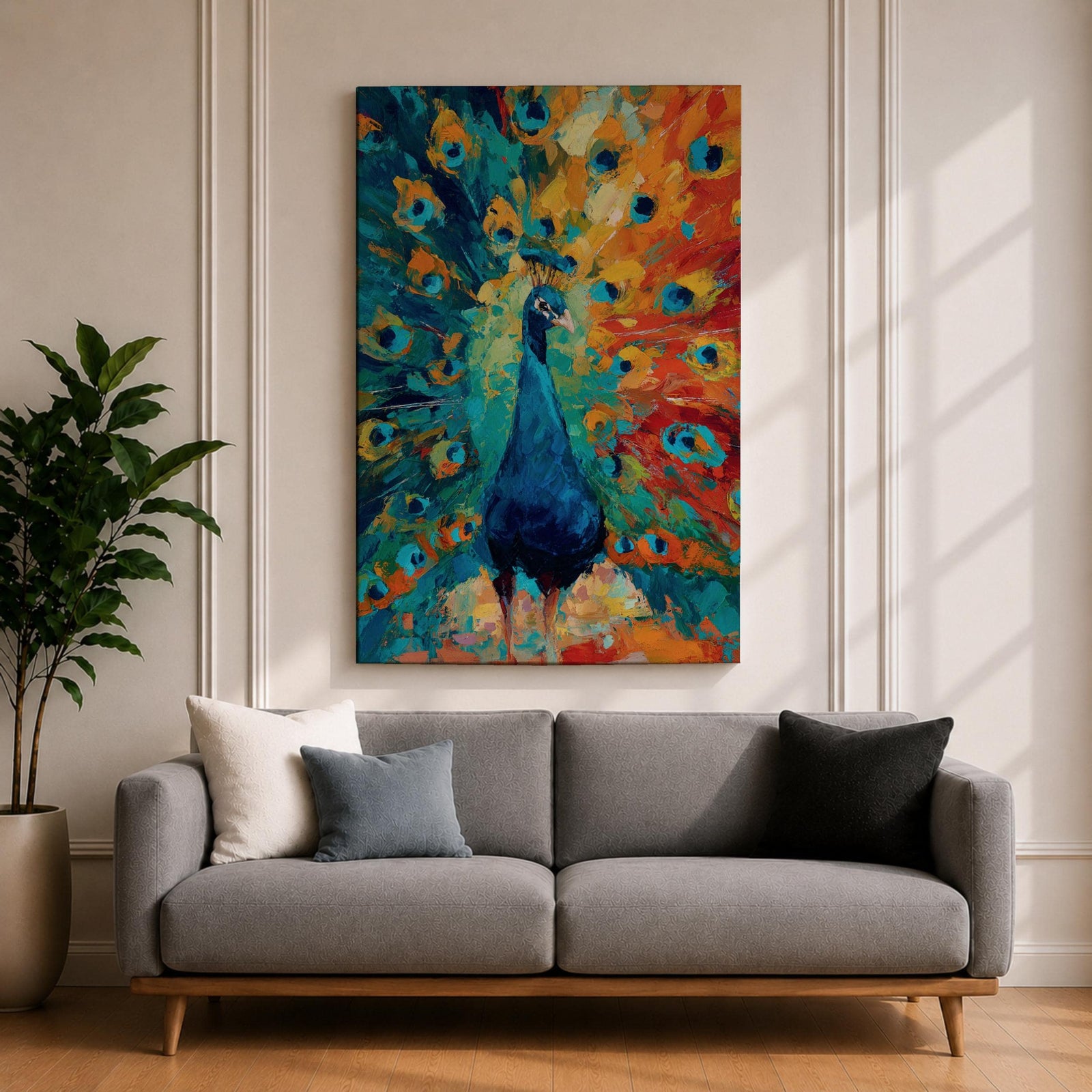 Bring bold color into your home with this Peacock Wall Art, featuring a vibrant expressionist canvas print with richly textured brushstrokes and radiant jewel tones. The dramatic fan of peacock feathers creates a striking focal point, making it perfect for modern living room, bedroom, or office decor.