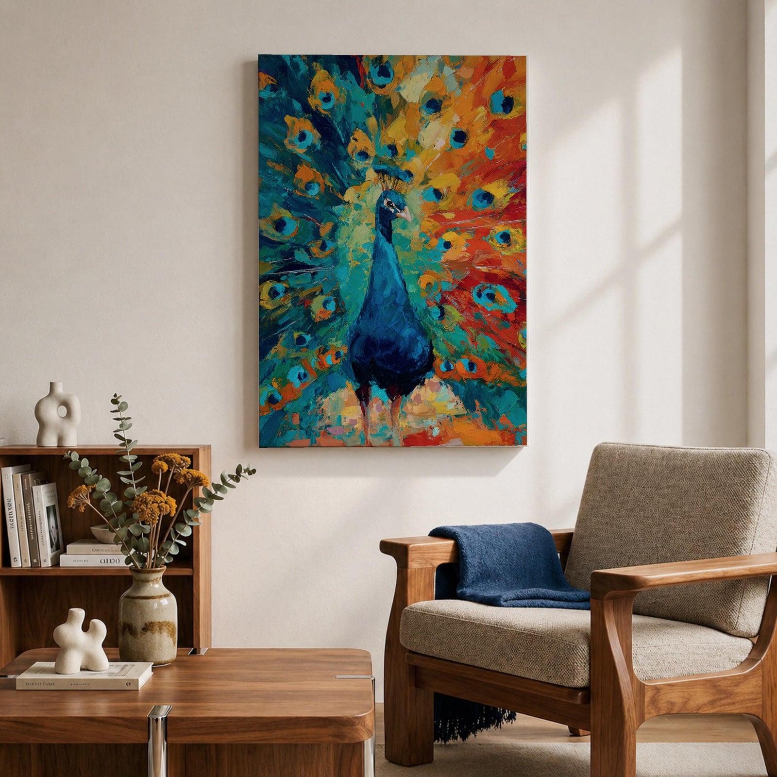 Bring bold color into your home with this Peacock Wall Art, featuring a vibrant expressionist canvas print with richly textured brushstrokes and radiant jewel tones. The dramatic fan of peacock feathers creates a striking focal point, making it perfect for modern living room, bedroom, or office decor.