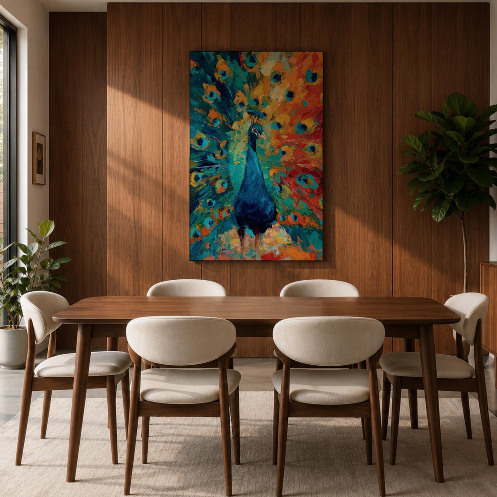 Bring bold color into your home with this Peacock Wall Art, featuring a vibrant expressionist canvas print with richly textured brushstrokes and radiant jewel tones. The dramatic fan of peacock feathers creates a striking focal point, making it perfect for modern living room, bedroom, or office decor.