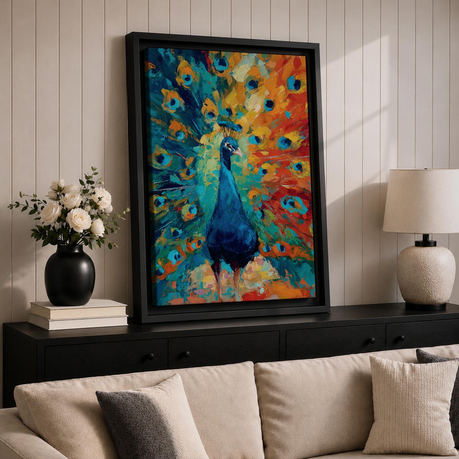 Bring bold color into your home with this Peacock Wall Art, featuring a vibrant expressionist canvas print with richly textured brushstrokes and radiant jewel tones. The dramatic fan of peacock feathers creates a striking focal point, making it perfect for modern living room, bedroom, or office decor.