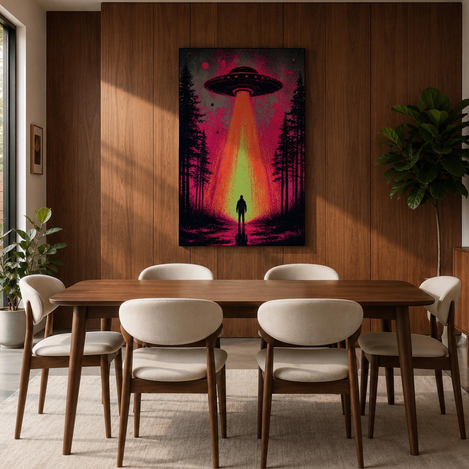Make a bold statement with this UFO Wall Art, featuring a glowing flying saucer beaming light onto a lone figure in a mysterious forest. Neon pink and orange tones create a dramatic sci-fi canvas print perfect for gamer rooms, man caves, and modern entertainment spaces.