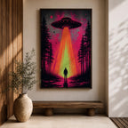 Make a bold statement with this UFO Wall Art, featuring a glowing flying saucer beaming light onto a lone figure in a mysterious forest. Neon pink and orange tones create a dramatic sci-fi canvas print perfect for gamer rooms, man caves, and modern entertainment spaces.