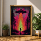 Make a bold statement with this UFO Wall Art, featuring a glowing flying saucer beaming light onto a lone figure in a mysterious forest. Neon pink and orange tones create a dramatic sci-fi canvas print perfect for gamer rooms, man caves, and modern entertainment spaces.