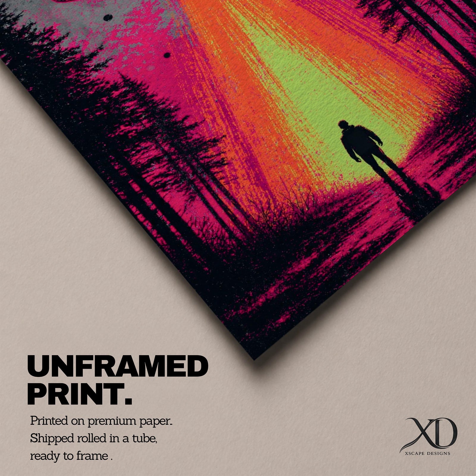 Make a bold statement with this UFO Wall Art, featuring a glowing flying saucer beaming light onto a lone figure in a mysterious forest. Neon pink and orange tones create a dramatic sci-fi canvas print perfect for gamer rooms, man caves, and modern entertainment spaces.