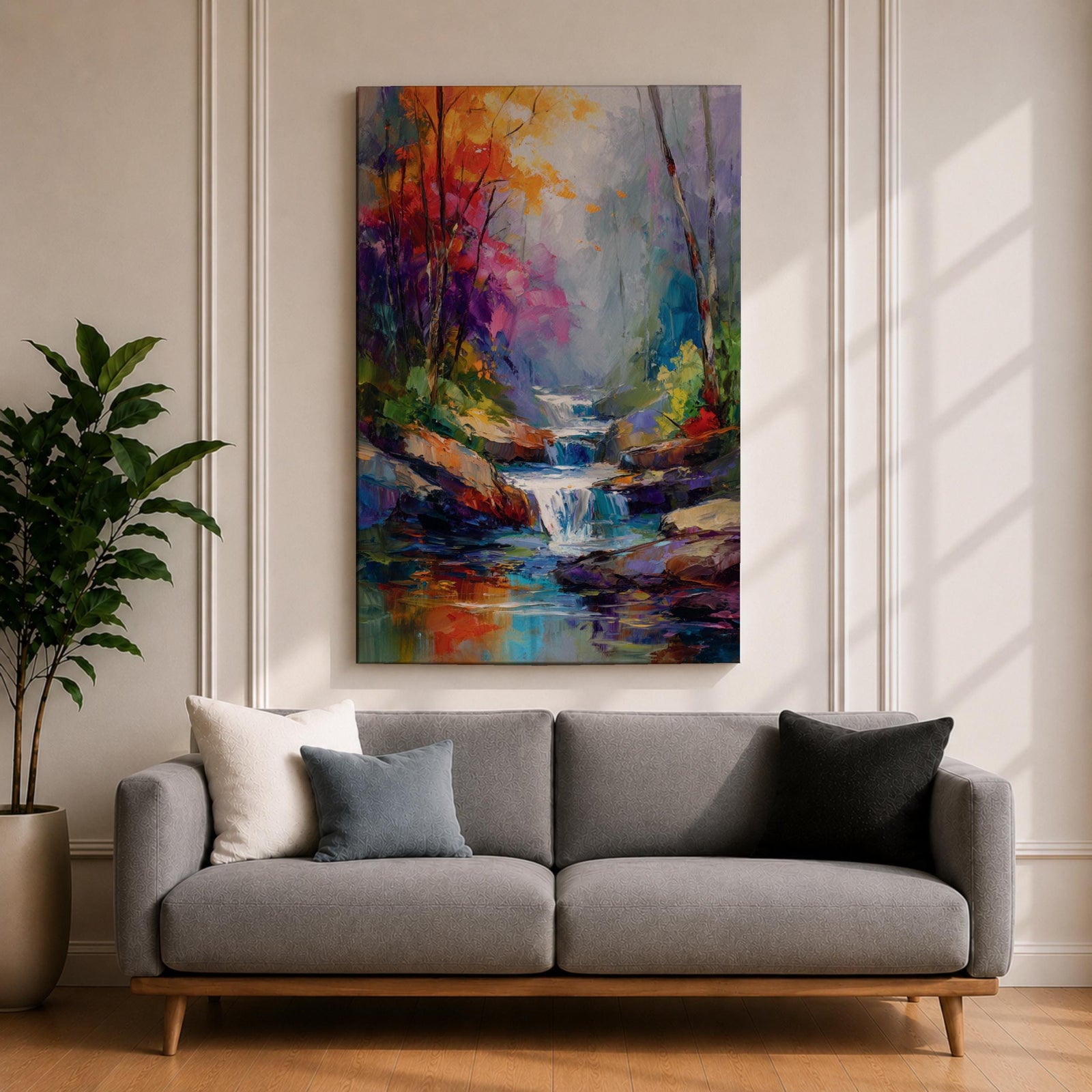 Transform your space with this Waterfall Wall Art, a vibrant impressionist landscape canvas print featuring a cascading woodland stream, rich autumn colors, and expressive palette knife textures. The misty forest atmosphere and jewel-toned reflections create a calming focal point for living rooms, bedrooms, or offices.