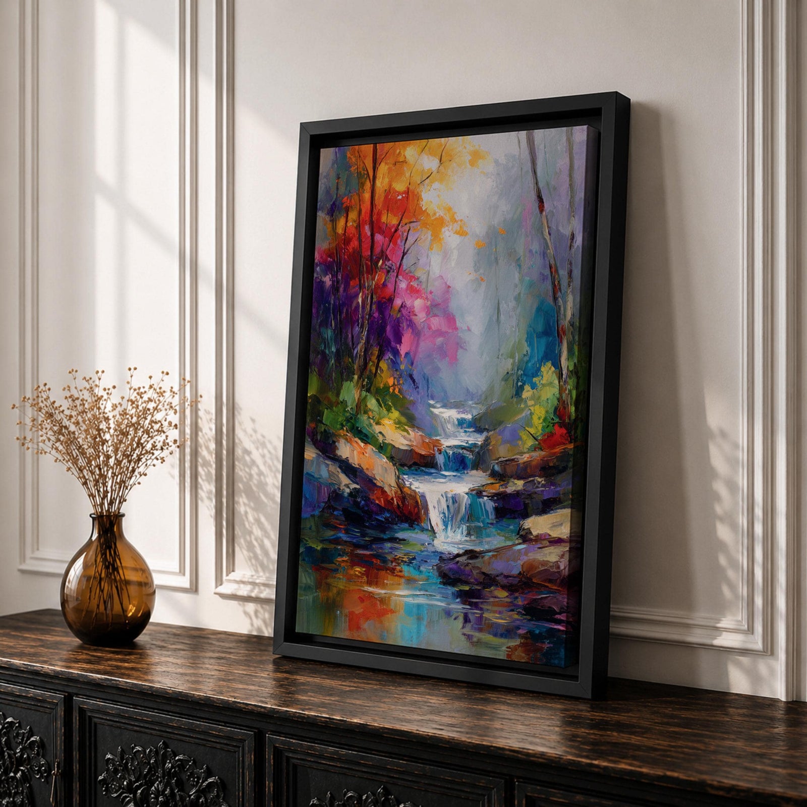 Transform your space with this Waterfall Wall Art, a vibrant impressionist landscape canvas print featuring a cascading woodland stream, rich autumn colors, and expressive palette knife textures. The misty forest atmosphere and jewel-toned reflections create a calming focal point for living rooms, bedrooms, or offices.