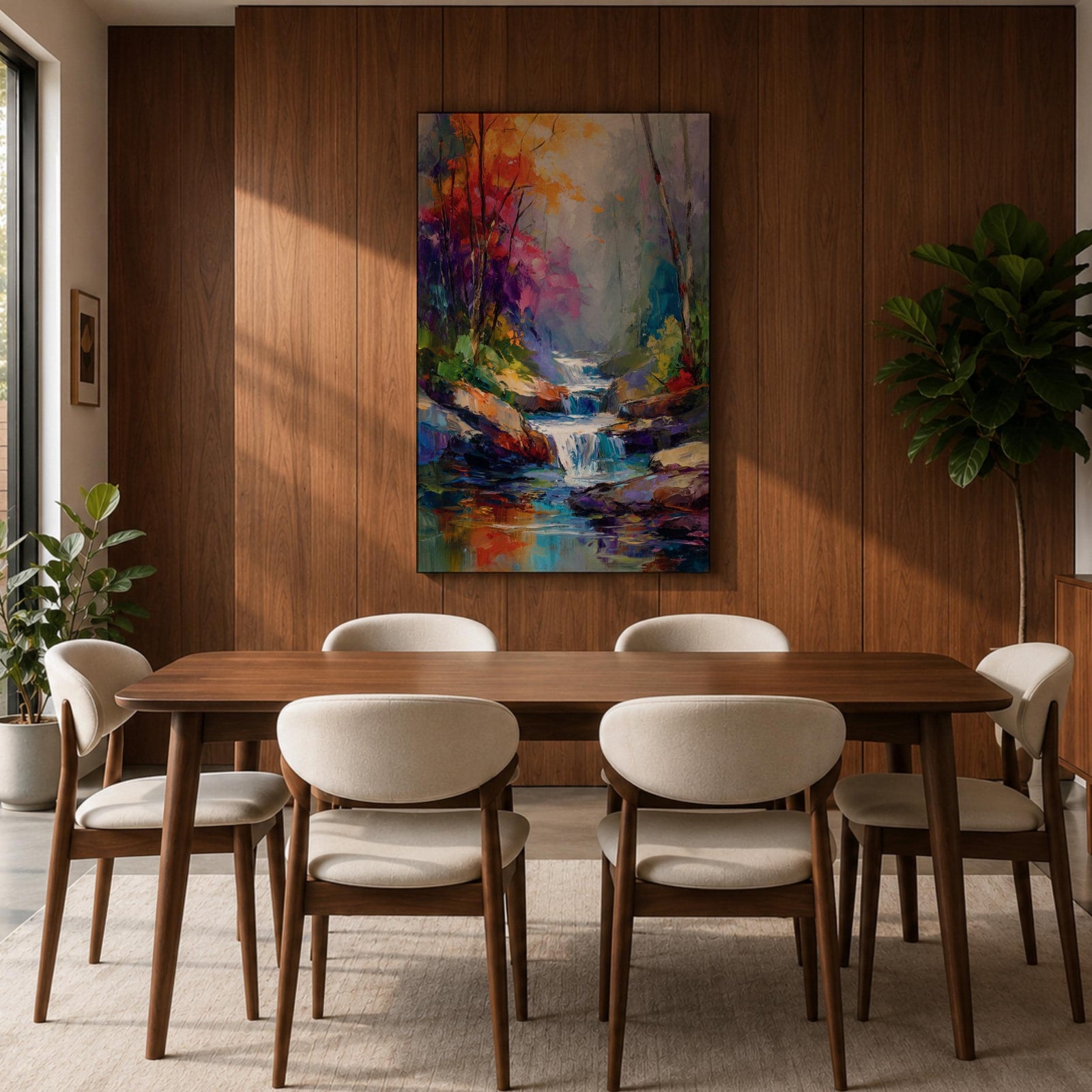 Transform your space with this Waterfall Wall Art, a vibrant impressionist landscape canvas print featuring a cascading woodland stream, rich autumn colors, and expressive palette knife textures. The misty forest atmosphere and jewel-toned reflections create a calming focal point for living rooms, bedrooms, or offices.