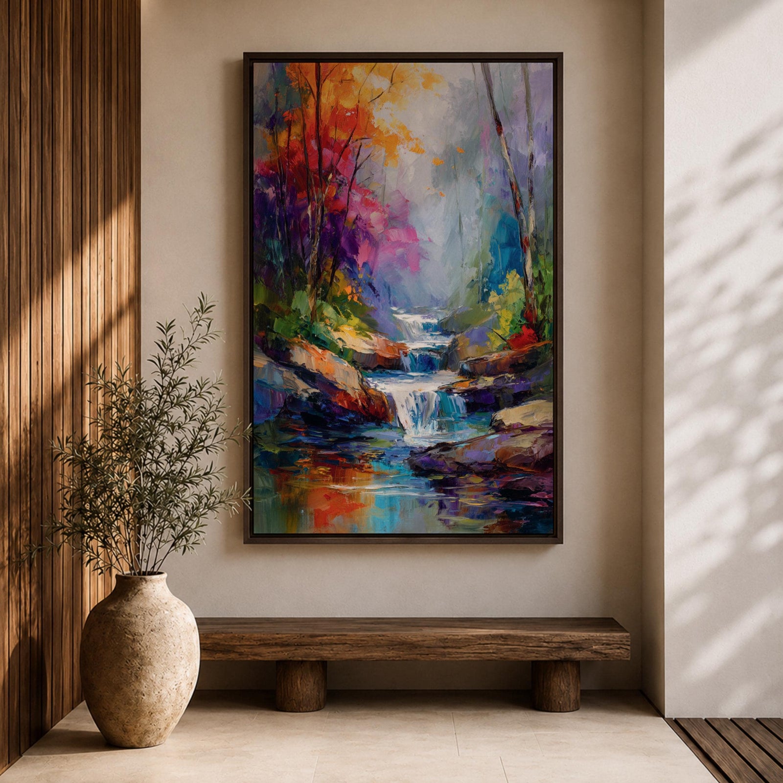 Transform your space with this Waterfall Wall Art, a vibrant impressionist landscape canvas print featuring a cascading woodland stream, rich autumn colors, and expressive palette knife textures. The misty forest atmosphere and jewel-toned reflections create a calming focal point for living rooms, bedrooms, or offices.