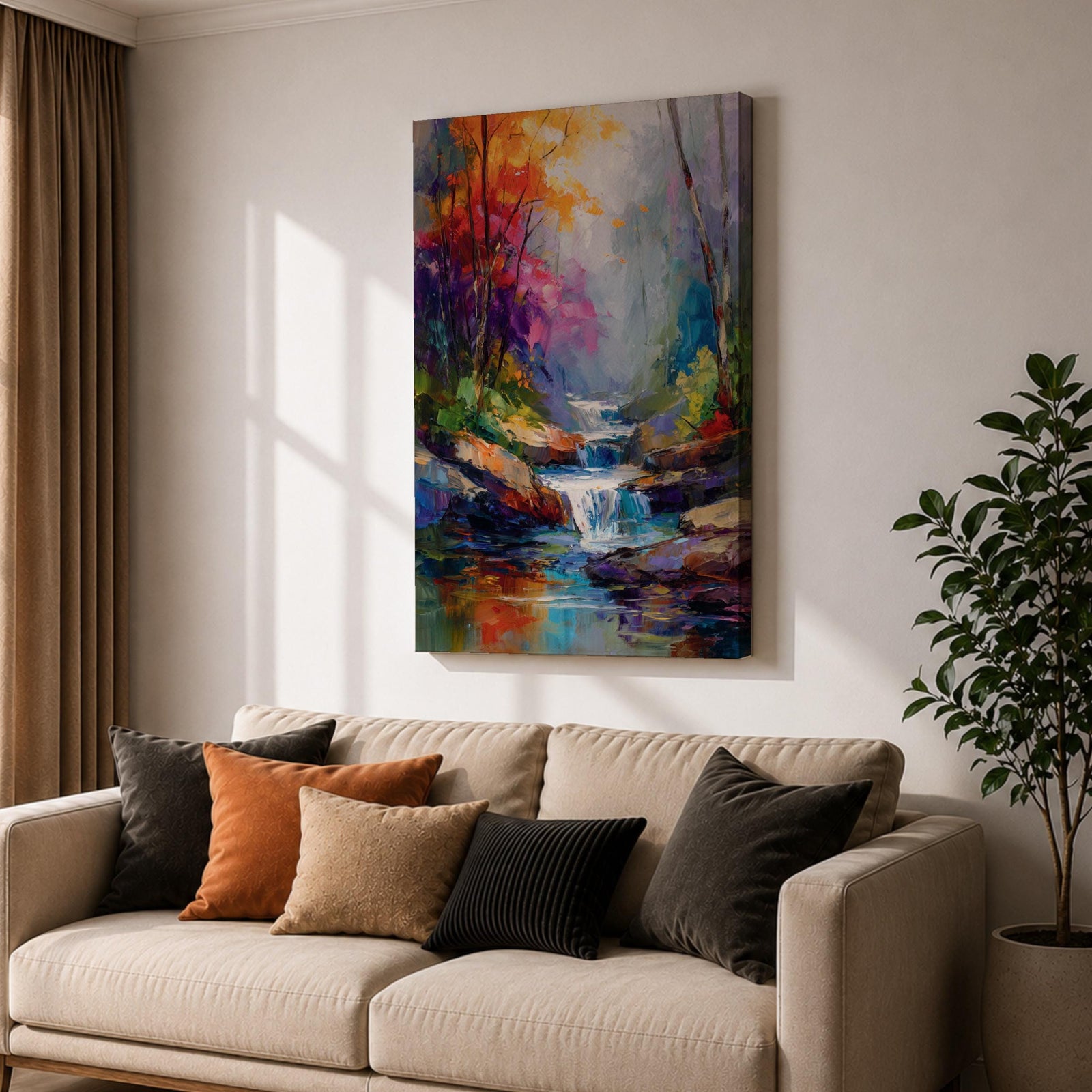 Transform your space with this Waterfall Wall Art, a vibrant impressionist landscape canvas print featuring a cascading woodland stream, rich autumn colors, and expressive palette knife textures. The misty forest atmosphere and jewel-toned reflections create a calming focal point for living rooms, bedrooms, or offices.