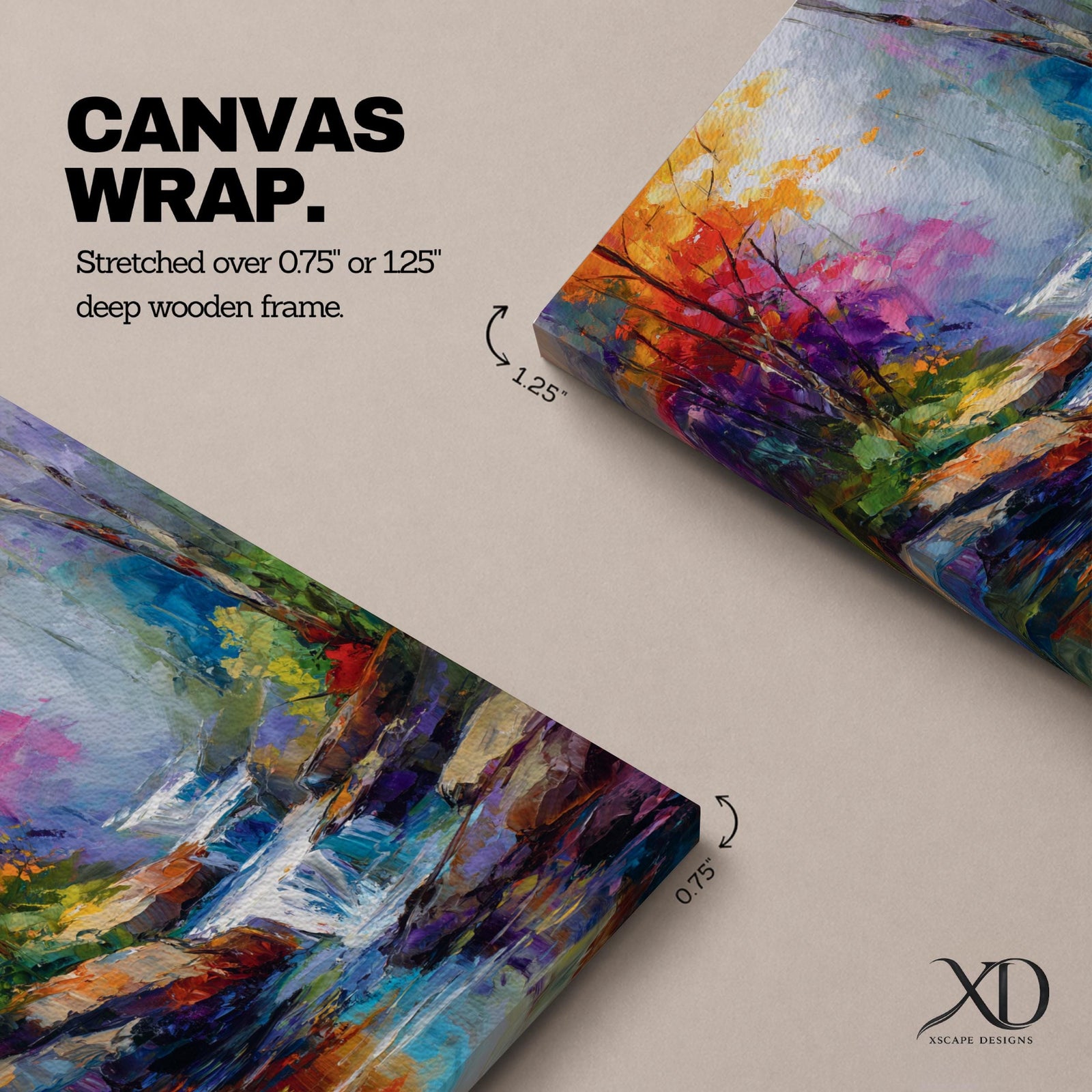 Transform your space with this Waterfall Wall Art, a vibrant impressionist landscape canvas print featuring a cascading woodland stream, rich autumn colors, and expressive palette knife textures. The misty forest atmosphere and jewel-toned reflections create a calming focal point for living rooms, bedrooms, or offices.