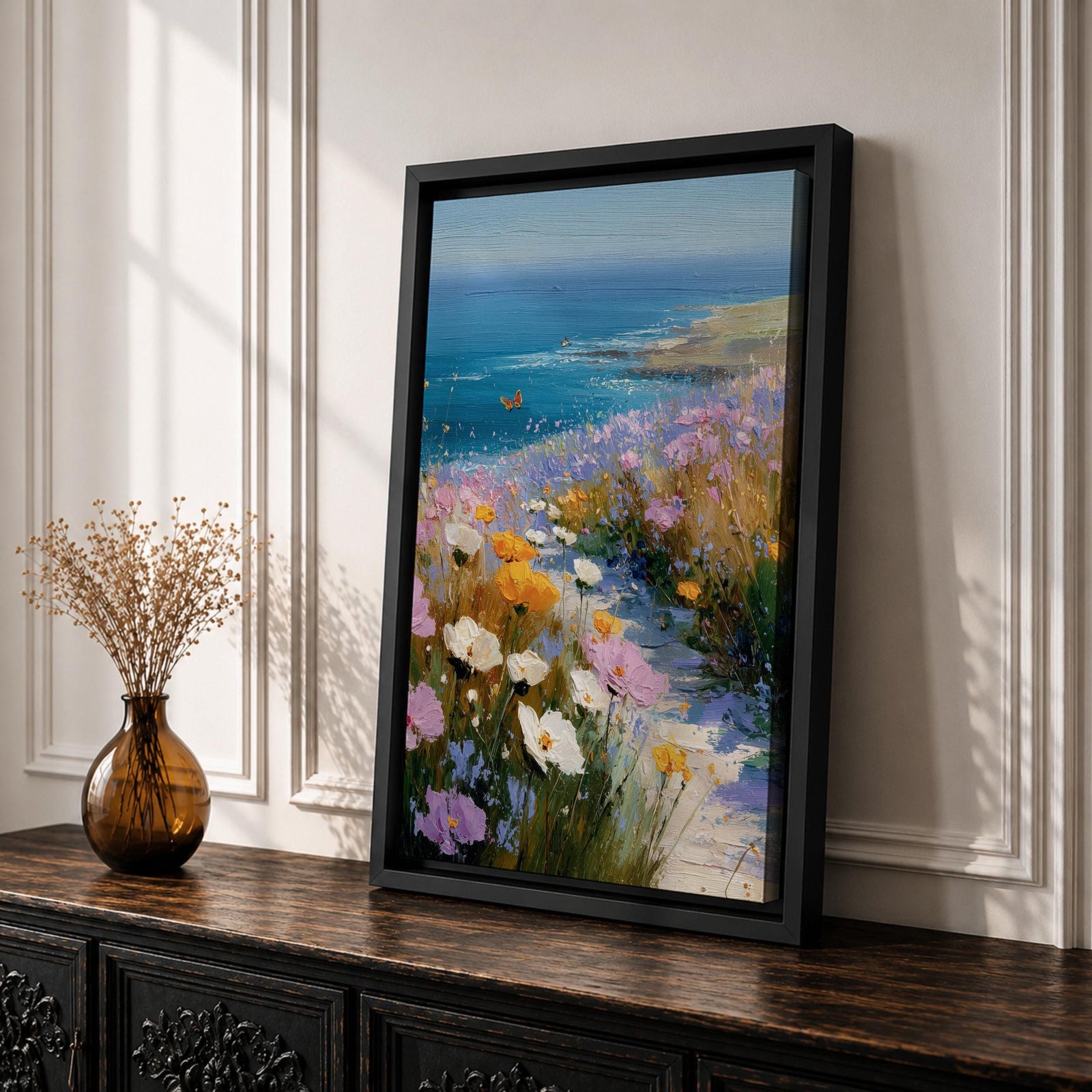 Bring the tranquility of the seaside into your home with this Coastal Wildflower Wall Art, featuring a sunlit beach path surrounded by blooming pastel flowers overlooking the sparkling blue ocean. Soft impressionist brushstrokes and vibrant coastal colors create a peaceful focal point for beach homes and coastal-inspired interiors.