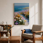 Bring the tranquility of the seaside into your home with this Coastal Wildflower Wall Art, featuring a sunlit beach path surrounded by blooming pastel flowers overlooking the sparkling blue ocean. Soft impressionist brushstrokes and vibrant coastal colors create a peaceful focal point for beach homes and coastal-inspired interiors.