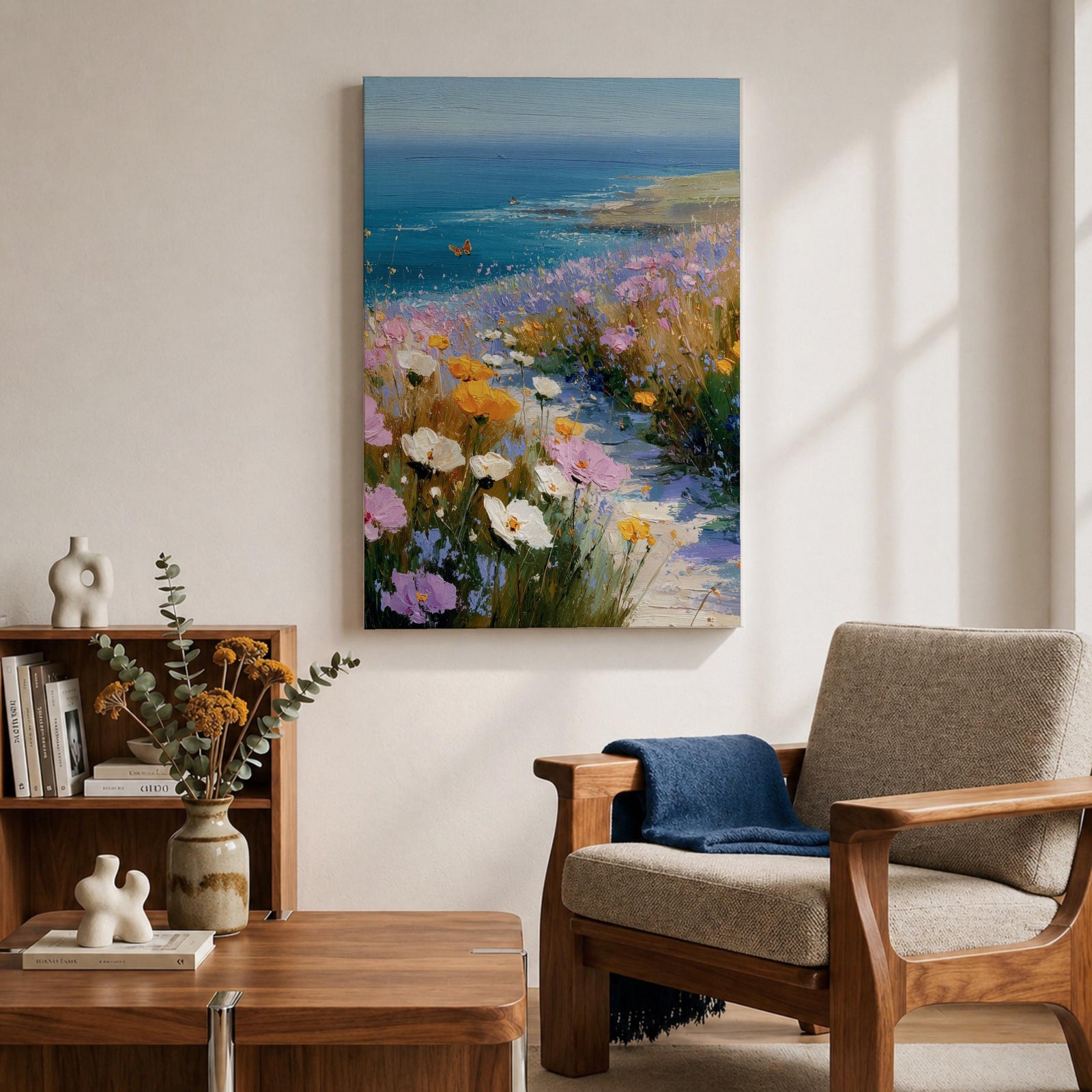 Bring the tranquility of the seaside into your home with this Coastal Wildflower Wall Art, featuring a sunlit beach path surrounded by blooming pastel flowers overlooking the sparkling blue ocean. Soft impressionist brushstrokes and vibrant coastal colors create a peaceful focal point for beach homes and coastal-inspired interiors.