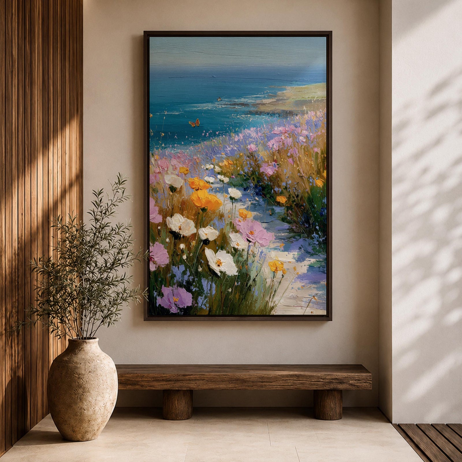 Bring the tranquility of the seaside into your home with this Coastal Wildflower Wall Art, featuring a sunlit beach path surrounded by blooming pastel flowers overlooking the sparkling blue ocean. Soft impressionist brushstrokes and vibrant coastal colors create a peaceful focal point for beach homes and coastal-inspired interiors.
