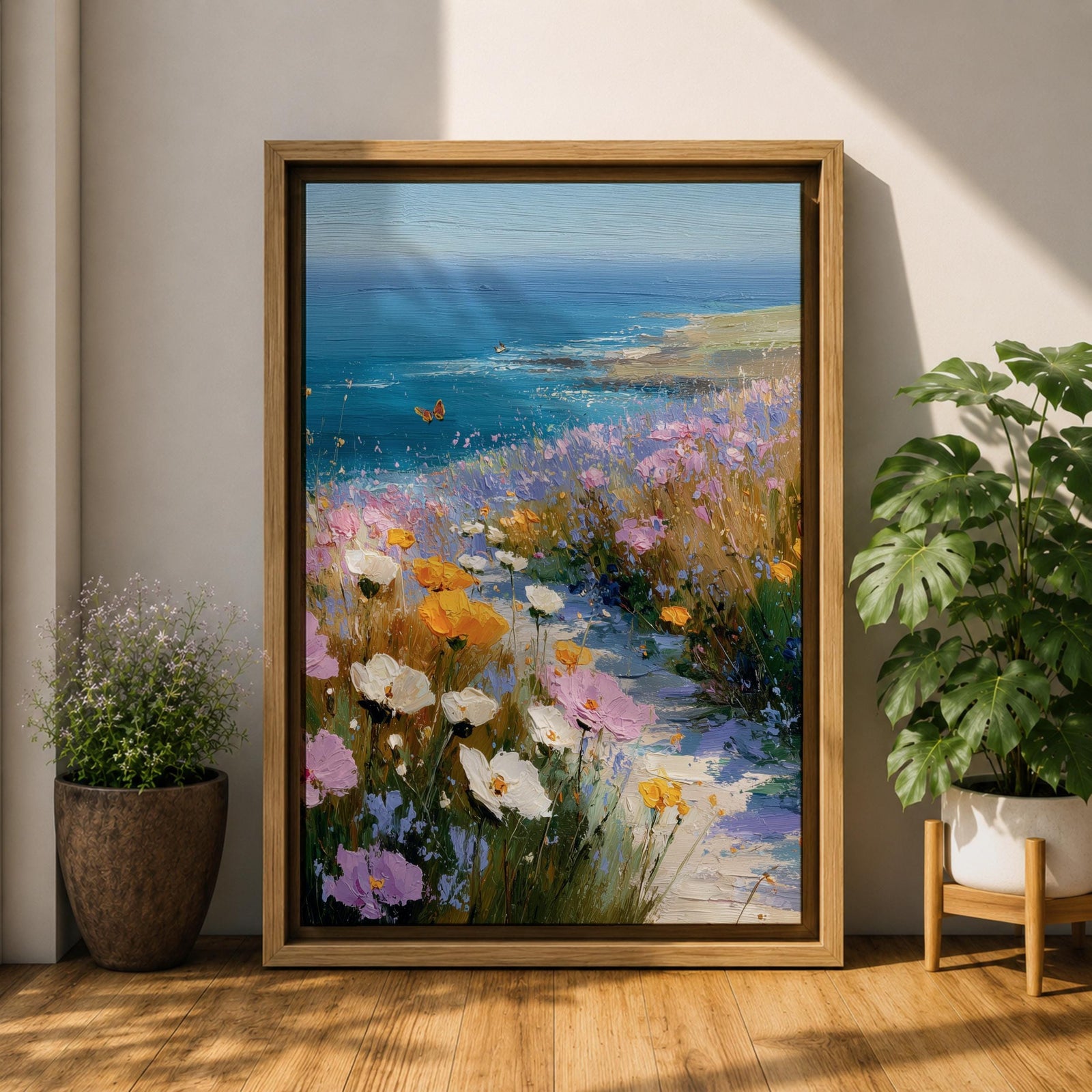 Bring the tranquility of the seaside into your home with this Coastal Wildflower Wall Art, featuring a sunlit beach path surrounded by blooming pastel flowers overlooking the sparkling blue ocean. Soft impressionist brushstrokes and vibrant coastal colors create a peaceful focal point for beach homes and coastal-inspired interiors.