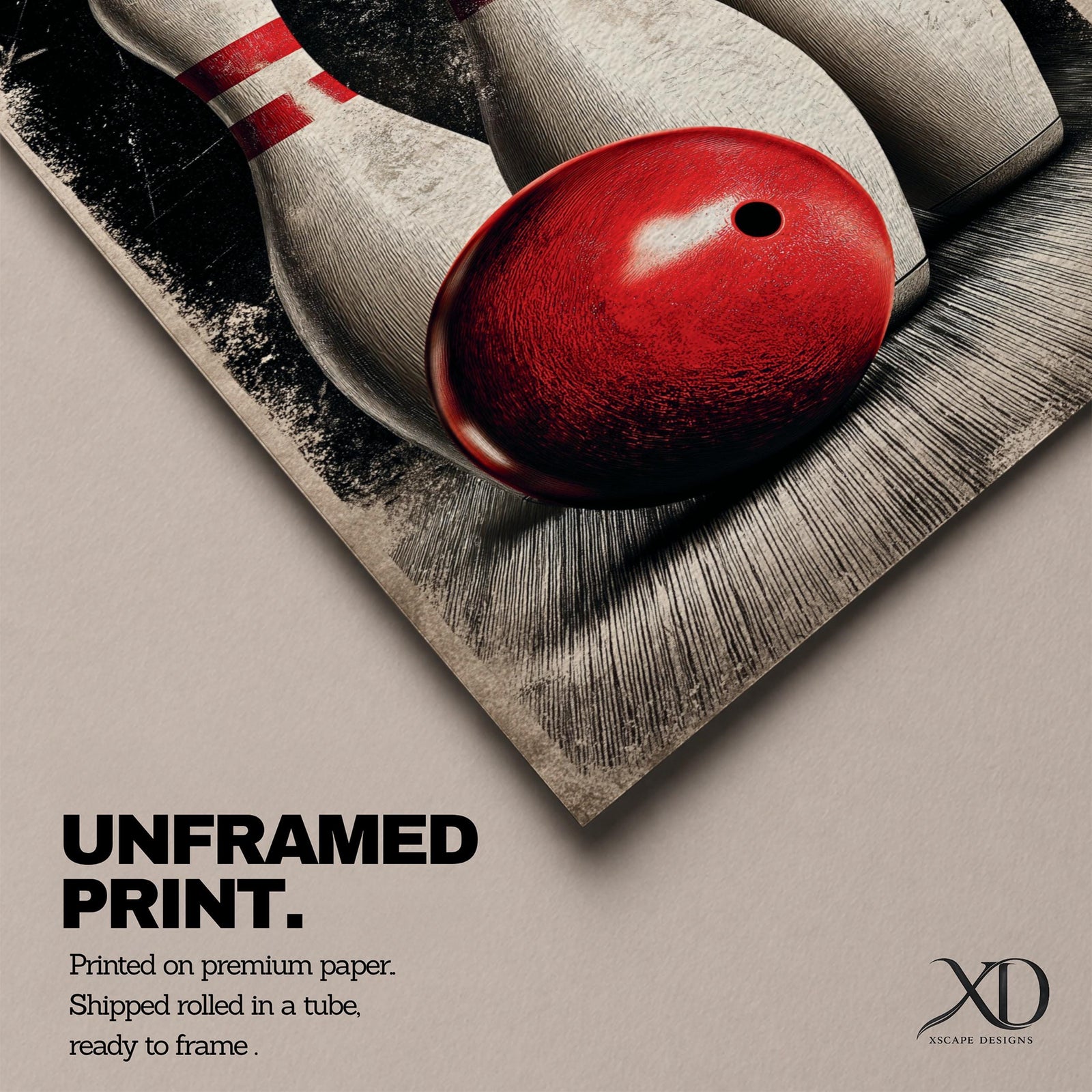 Bowling wall art featuring a red bowling ball positioned in front of three classic bowling pins. The vintage-inspired sports artwork uses bold contrast, distressed textures, and dramatic composition, making it an ideal statement piece for bowling alleys, game rooms, man caves, and recreation spaces.