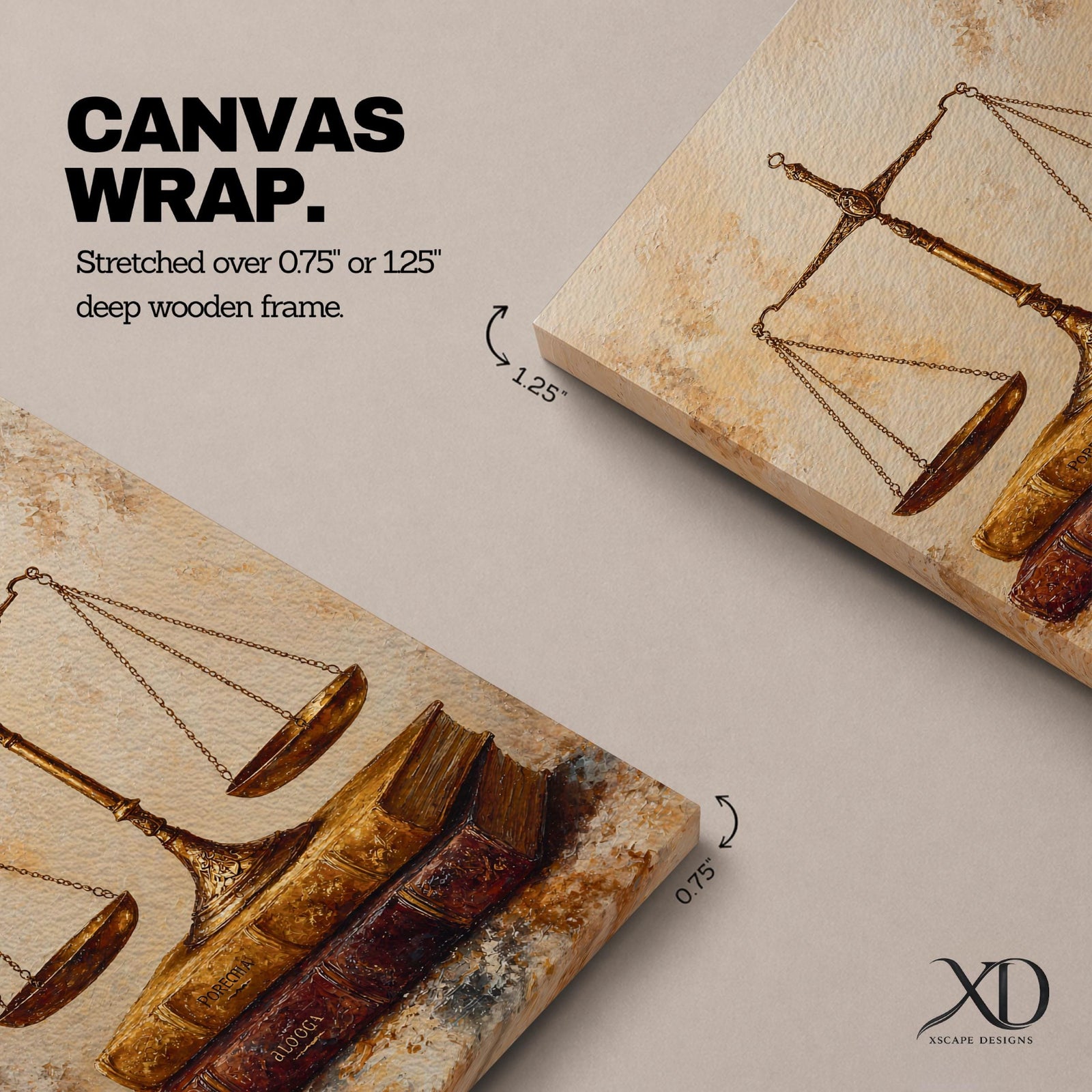Elevate your workspace with this Scales of Justice Wall Art, featuring antique balance scales displayed atop vintage law books in warm neutral tones. This timeless legal canvas print brings sophistication and classic style to any law office, library, or professional workspace.
