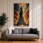 Dramatic Lady Justice wall art featuring the iconic blindfolded statue holding scales and sword before a radiant American flag backdrop. Golden light rays, patriotic colors, and classical legal symbolism create powerful artwork ideal for law offices, courtrooms, attorneys, judges, and government buildings.