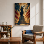Dramatic Lady Justice wall art featuring the iconic blindfolded statue holding scales and sword before a radiant American flag backdrop. Golden light rays, patriotic colors, and classical legal symbolism create powerful artwork ideal for law offices, courtrooms, attorneys, judges, and government buildings.